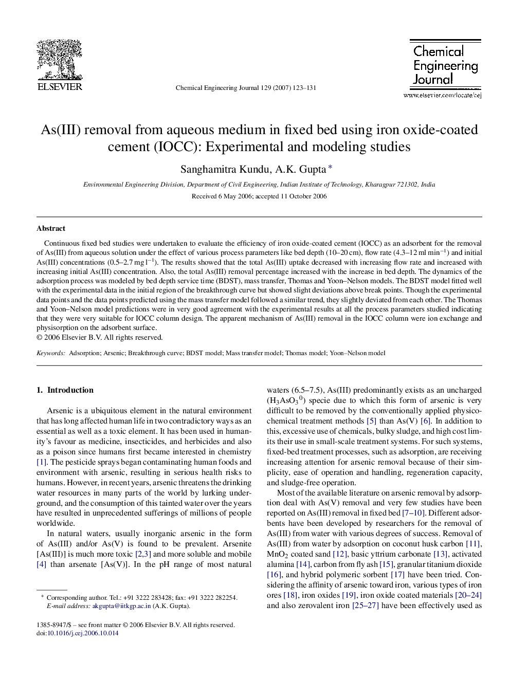 As(III) removal from aqueous medium in fixed bed using iron oxide-coated cement (IOCC): Experimental and modeling studies