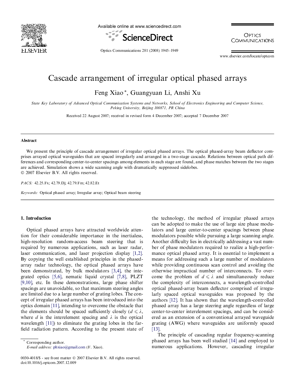 عکس صفحه اول مقاله: Cascade arrangement of irregular optical phased arrays Cascade arrangement of irregular optical phased arrays