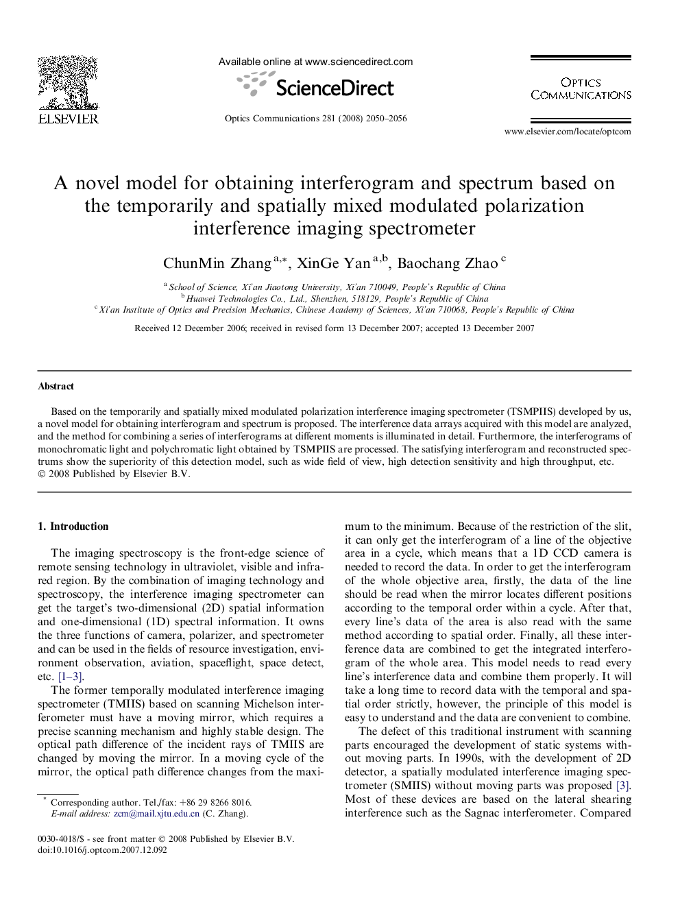 عکس صفحه اول مقاله: A novel model for obtaining interferogram and spectrum based on the temporarily and spatially mixed modulated polarization interference imaging spectrometer A novel model for obtaining interferogram and spectrum based on the temporarily and spatially mixed modulated polarization interference imaging spectrometer