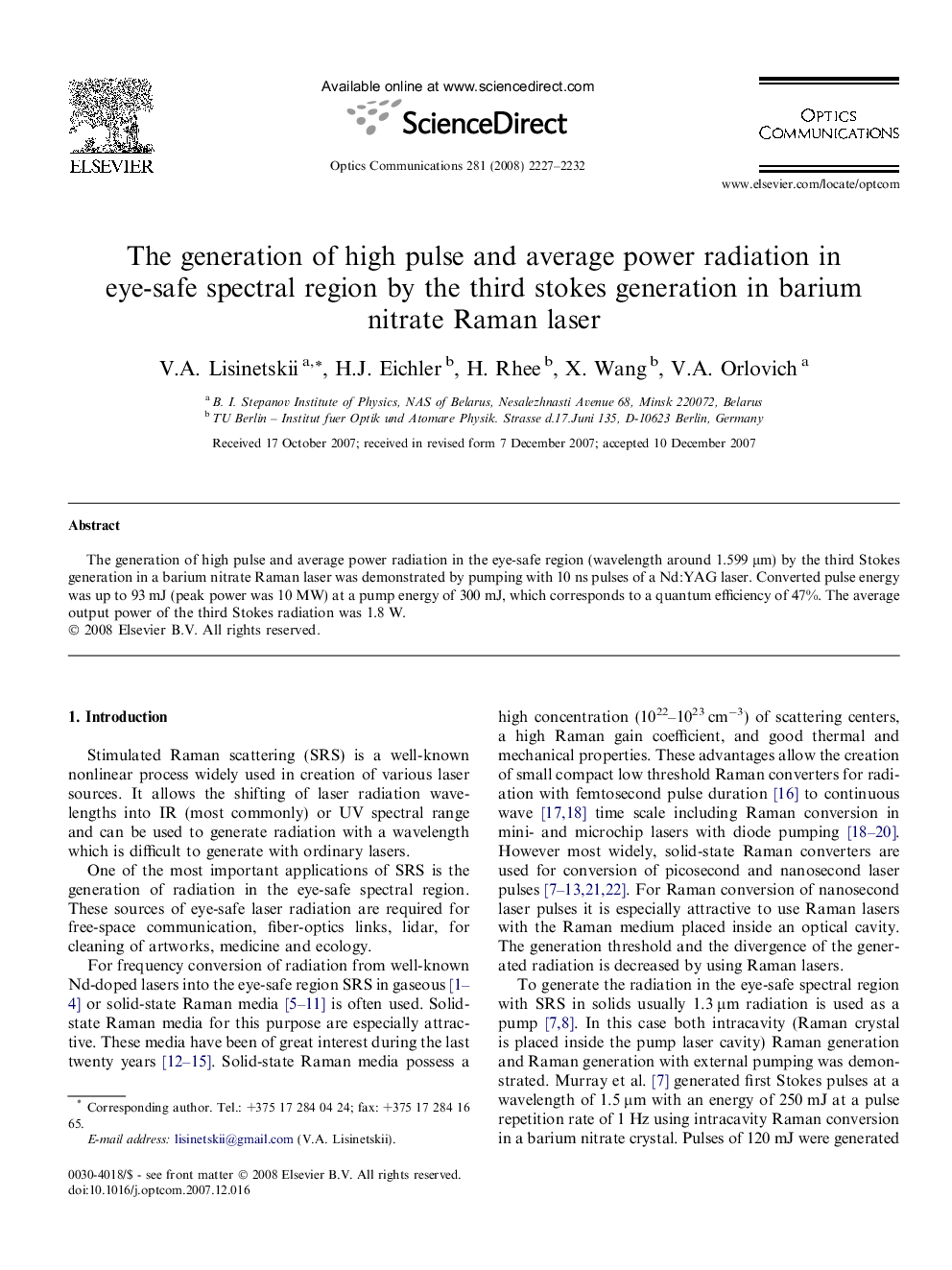 عکس صفحه اول مقاله: The generation of high pulse and average power radiation in eye-safe spectral region by the third stokes generation in barium nitrate Raman laser The generation of high pulse and average power radiation in eye-safe spectral region by the third stokes generation in barium nitrate Raman laser