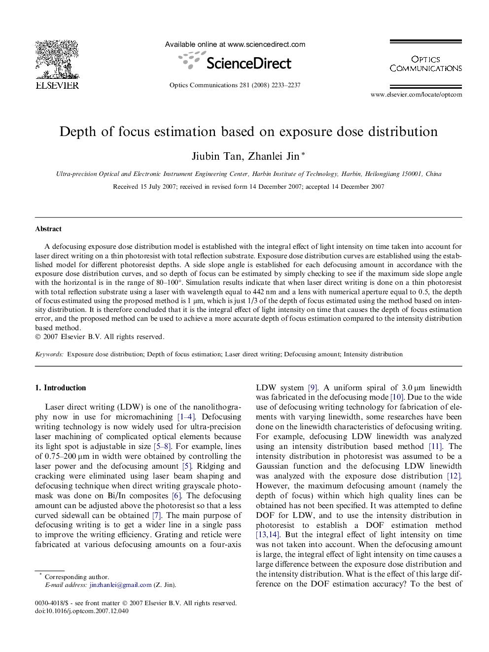 Depth of focus estimation based on exposure dose distribution