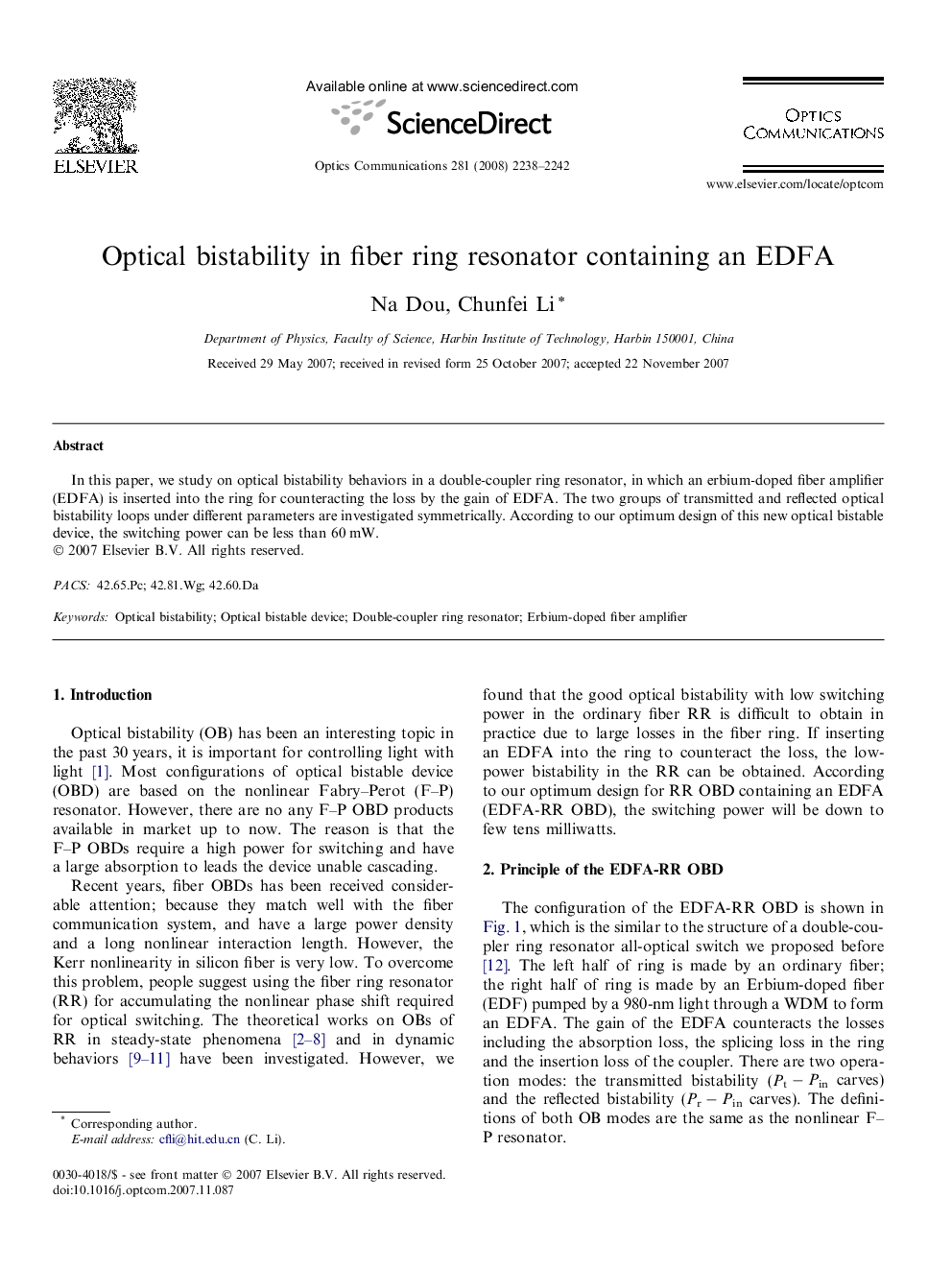 Optical bistability in fiber ring resonator containing an EDFA