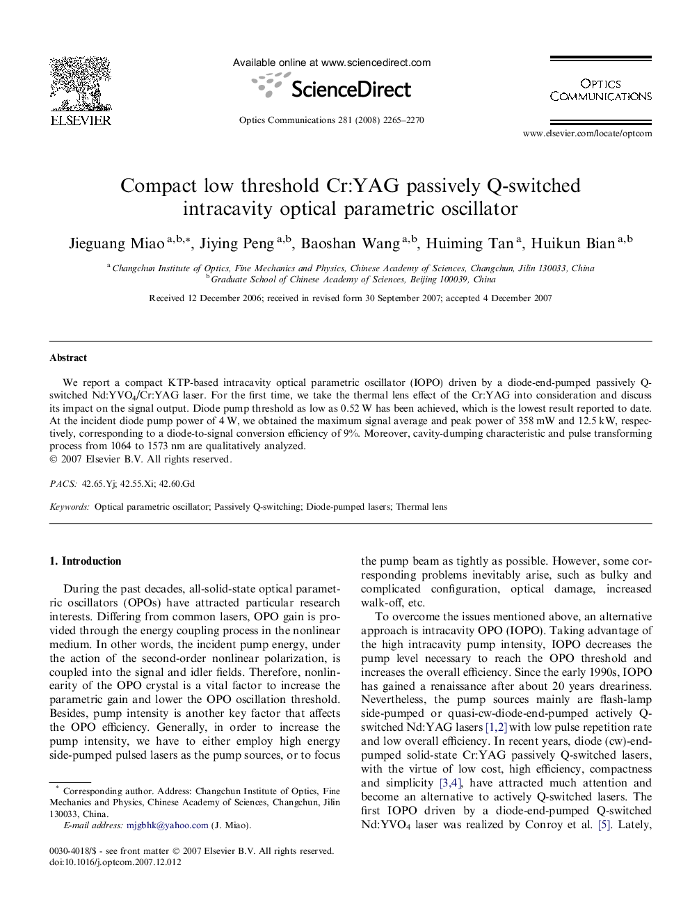 Compact low threshold Cr:YAG passively Q-switched intracavity optical parametric oscillator