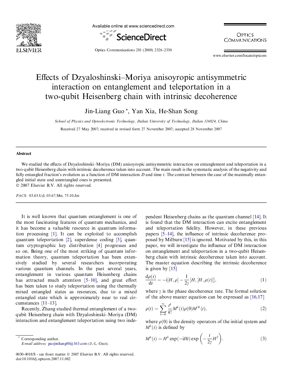 عکس صفحه اول مقاله: Effects of Dzyaloshinski–Moriya anisoyropic antisymmetric interaction on entanglement and teleportation in a two-qubit Heisenberg chain with intrinsic decoherence Effects of Dzyaloshinski–Moriya anisoyropic antisymmetric interaction on entanglement and teleportation in a two-qubit Heisenberg chain with intrinsic decoherence