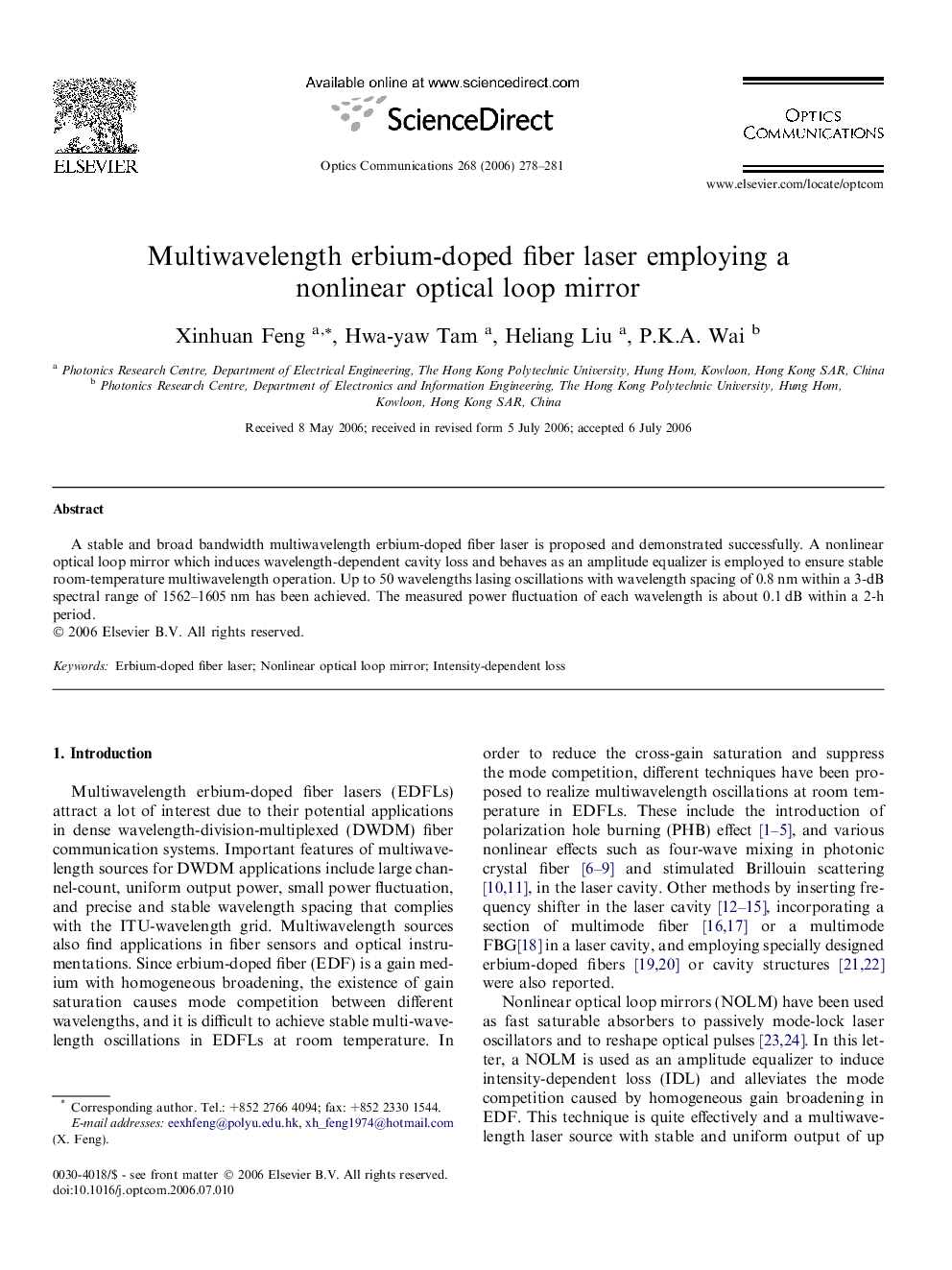 Multiwavelength erbium-doped fiber laser employing a nonlinear optical loop mirror