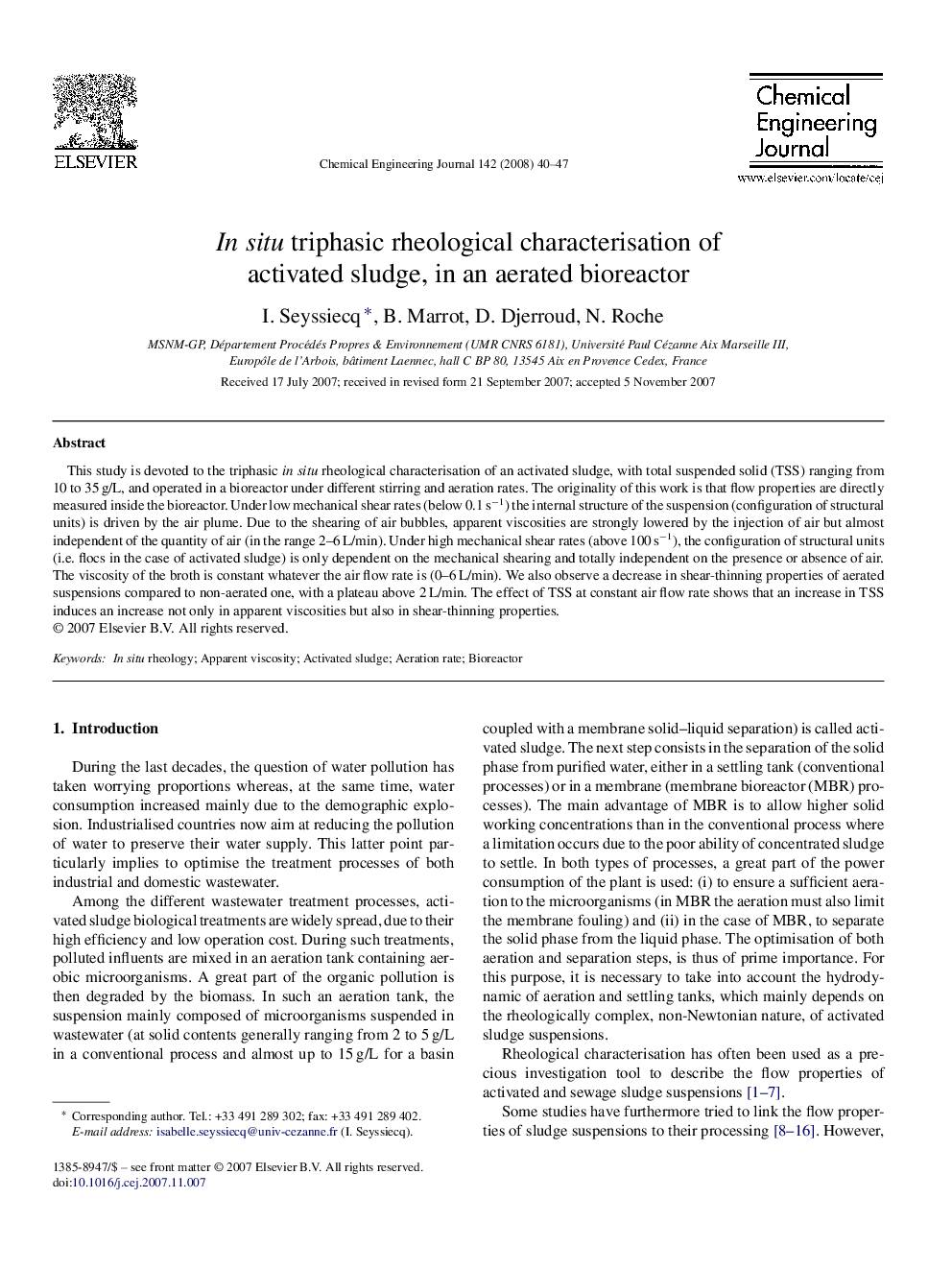 In situ triphasic rheological characterisation of activated sludge, in an aerated bioreactor