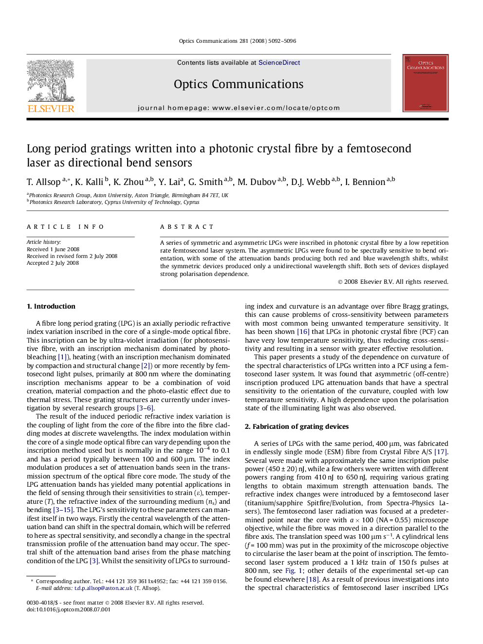 Long period gratings written into a photonic crystal fibre by a femtosecond laser as directional bend sensors