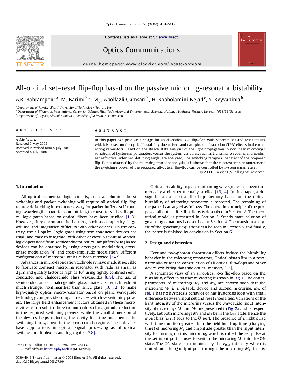All-optical set–reset flip–flop based on the passive microring-resonator bistability