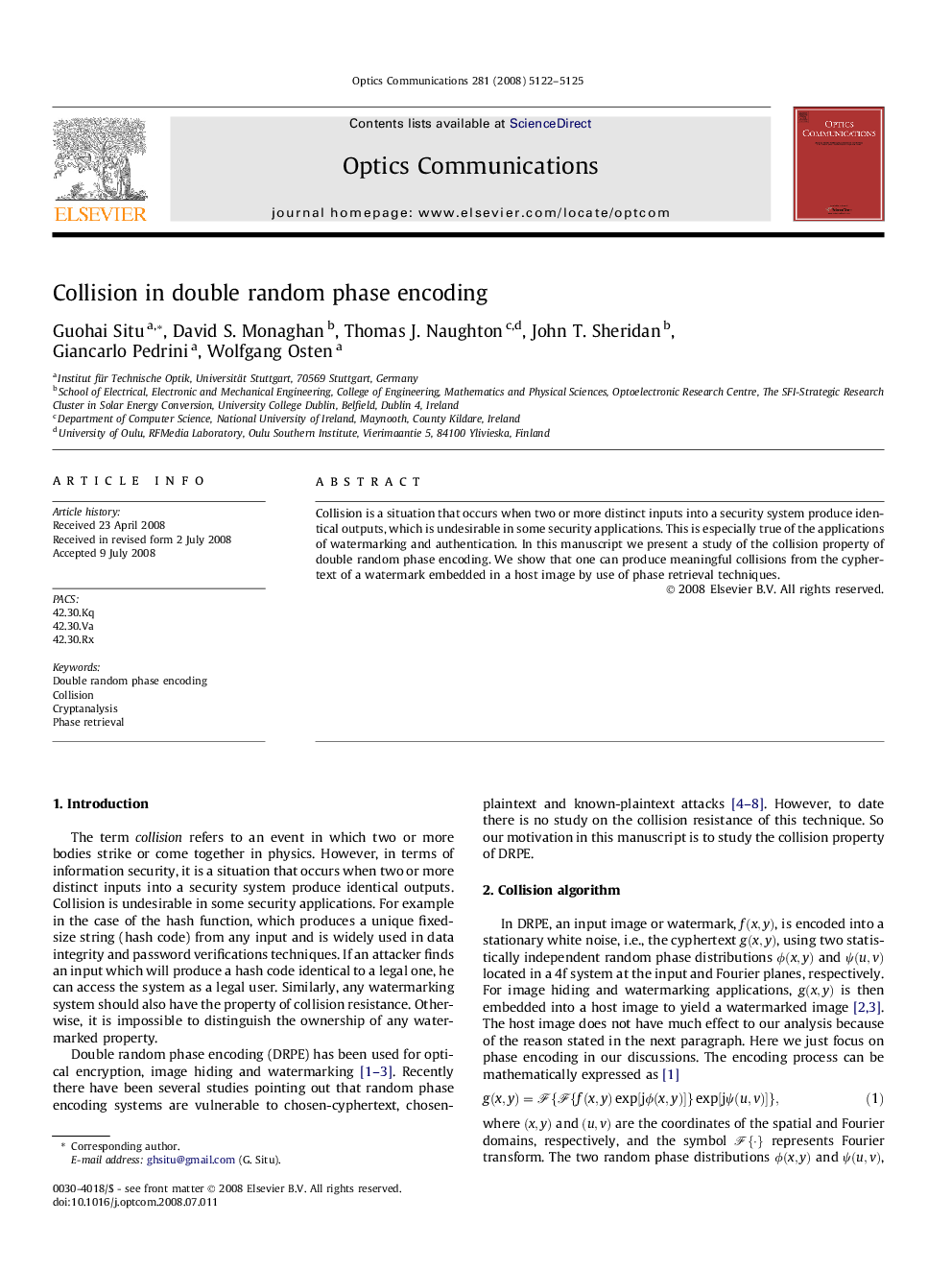 Collision in double random phase encoding