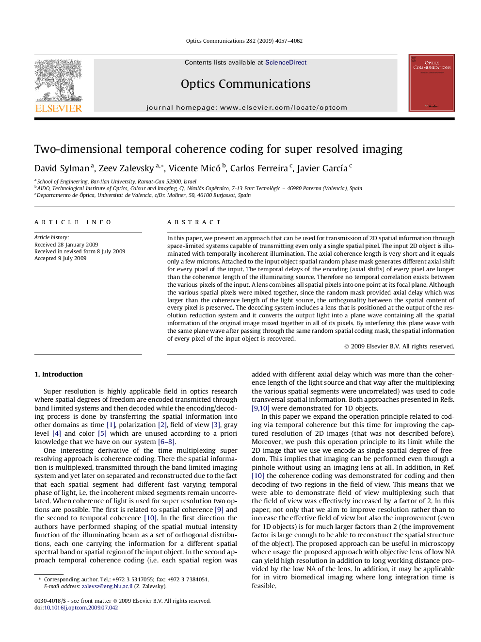 عکس صفحه اول مقاله: Two-dimensional temporal coherence coding for super resolved imaging Two-dimensional temporal coherence coding for super resolved imaging