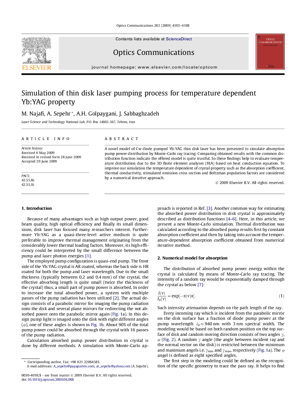 عکس صفحه اول مقاله: Simulation of thin disk laser pumping process for temperature dependent Yb:YAG property Simulation of thin disk laser pumping process for temperature dependent Yb:YAG property