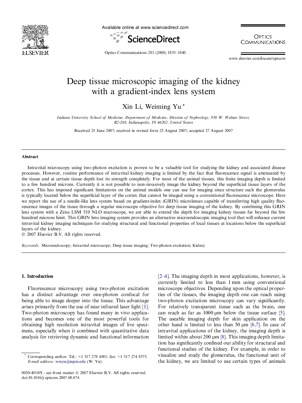 Deep tissue microscopic imaging of the kidney with a gradient-index lens system