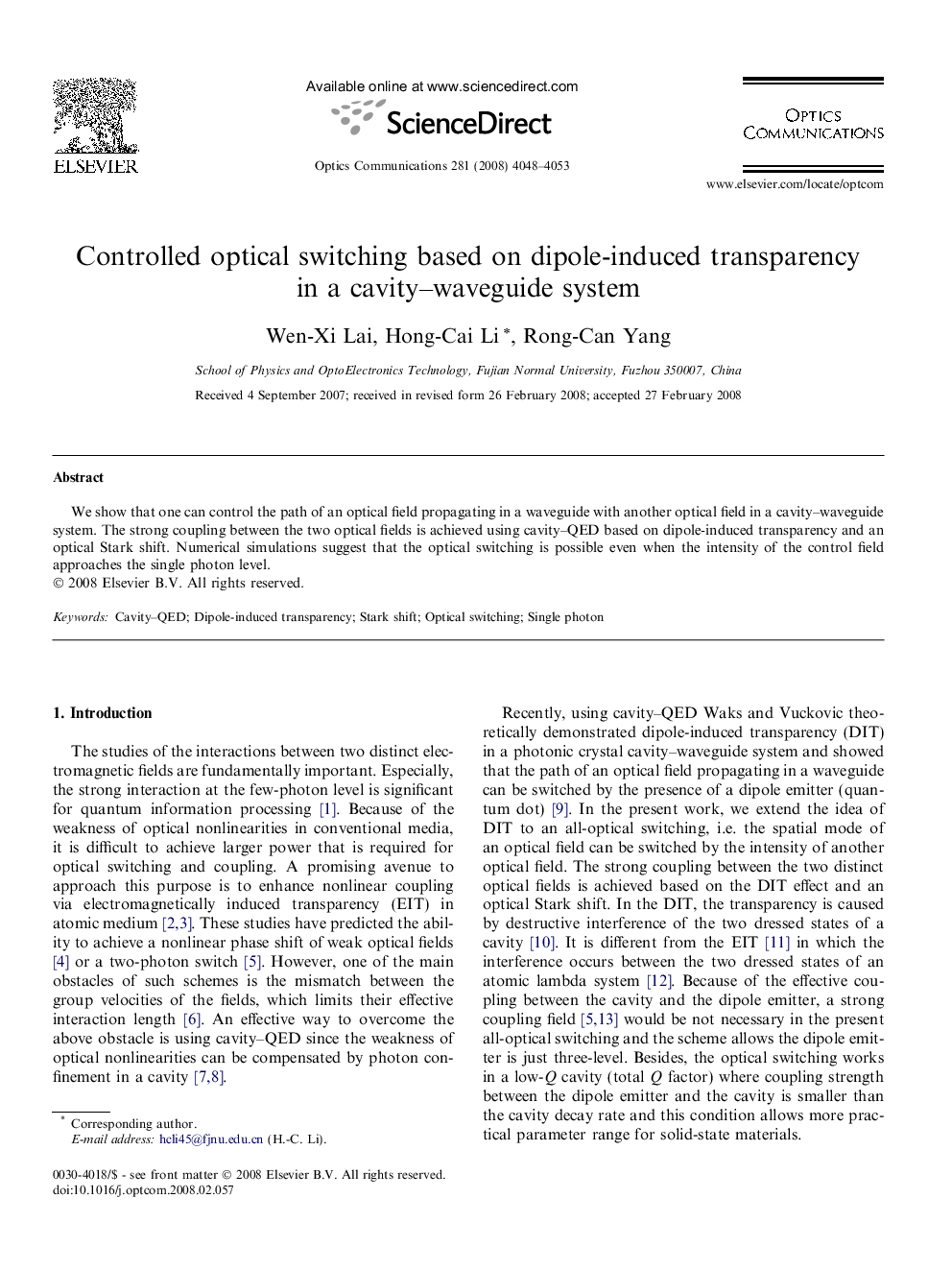 Controlled optical switching based on dipole-induced transparency in a cavity–waveguide system