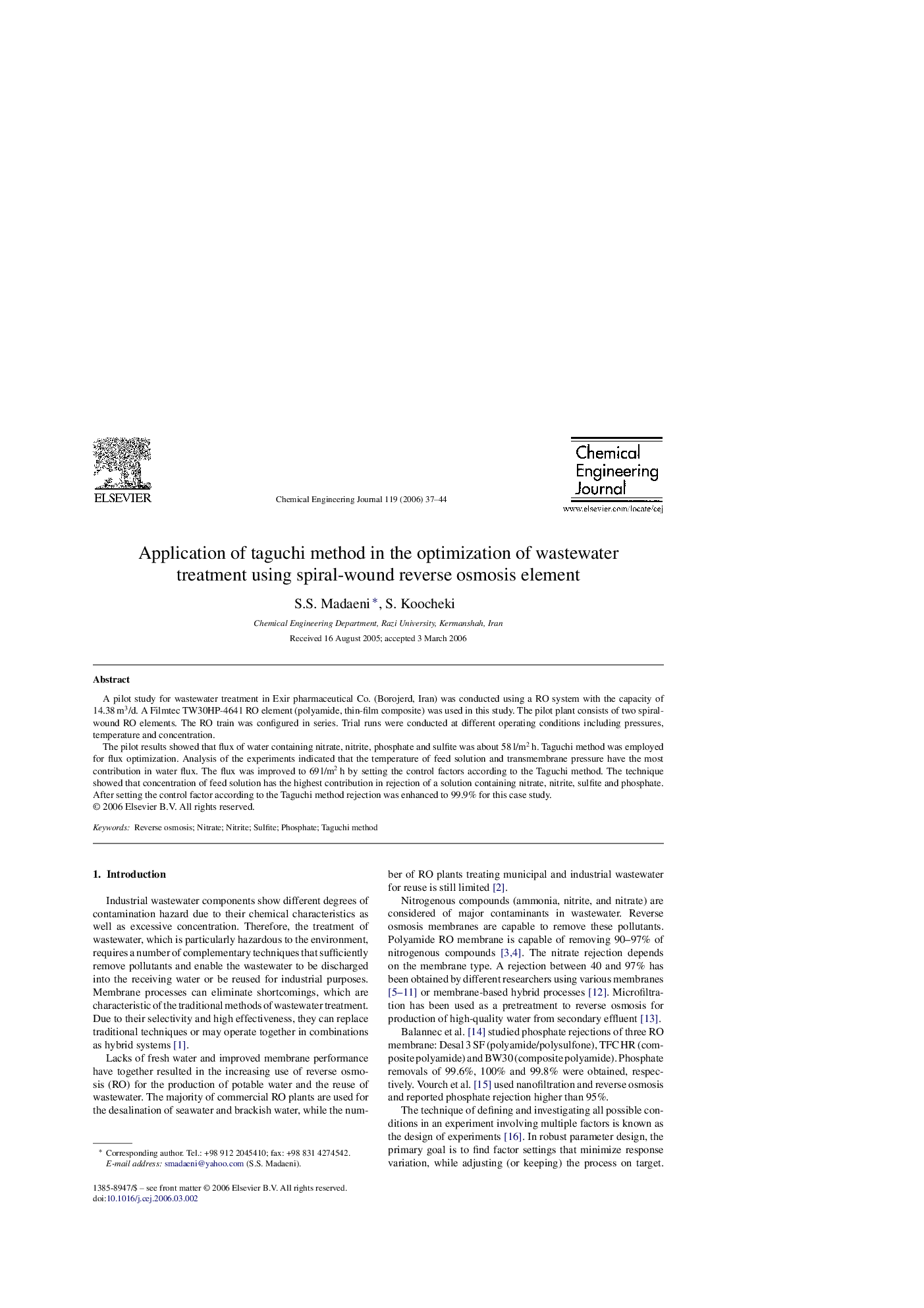 Application of taguchi method in the optimization of wastewater treatment using spiral-wound reverse osmosis element