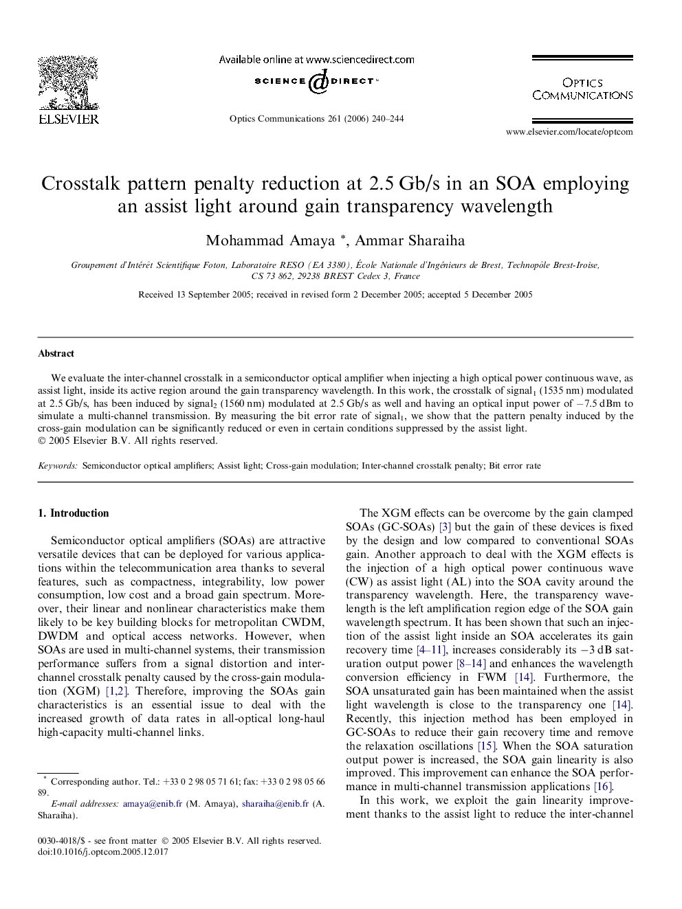 Crosstalk pattern penalty reduction at 2.5 Gb/s in an SOA employing an assist light around gain transparency wavelength