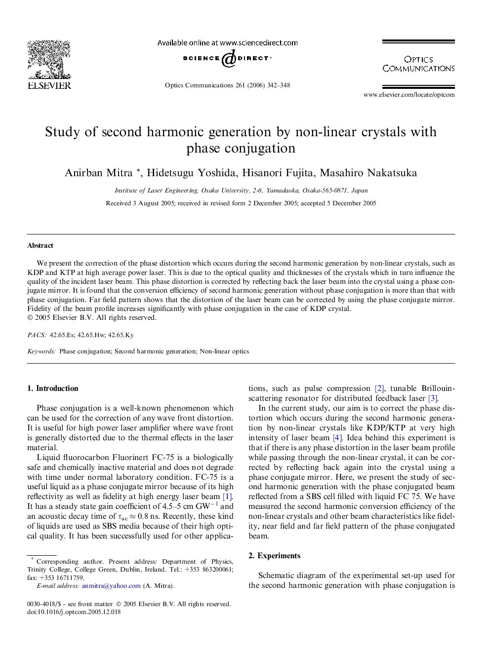 Study of second harmonic generation by non-linear crystals with phase conjugation