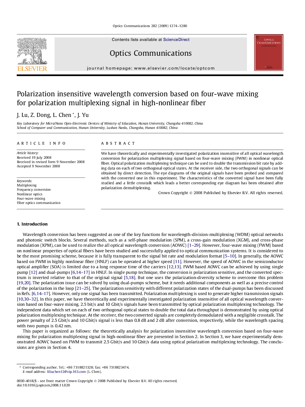 Polarization insensitive wavelength conversion based on four-wave mixing for polarization multiplexing signal in high-nonlinear fiber