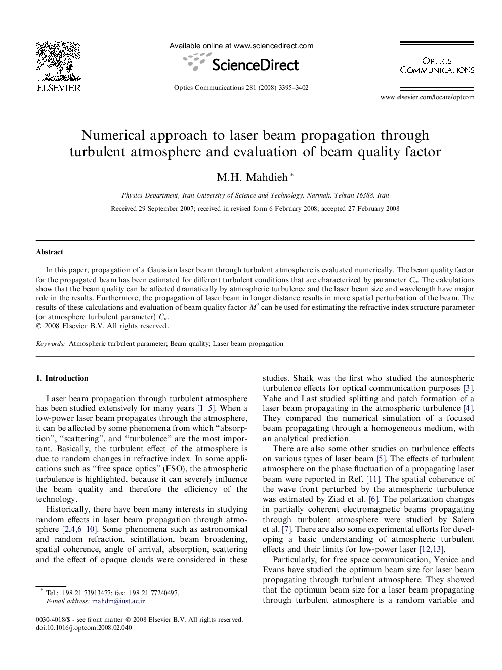 Numerical approach to laser beam propagation through turbulent atmosphere and evaluation of beam quality factor