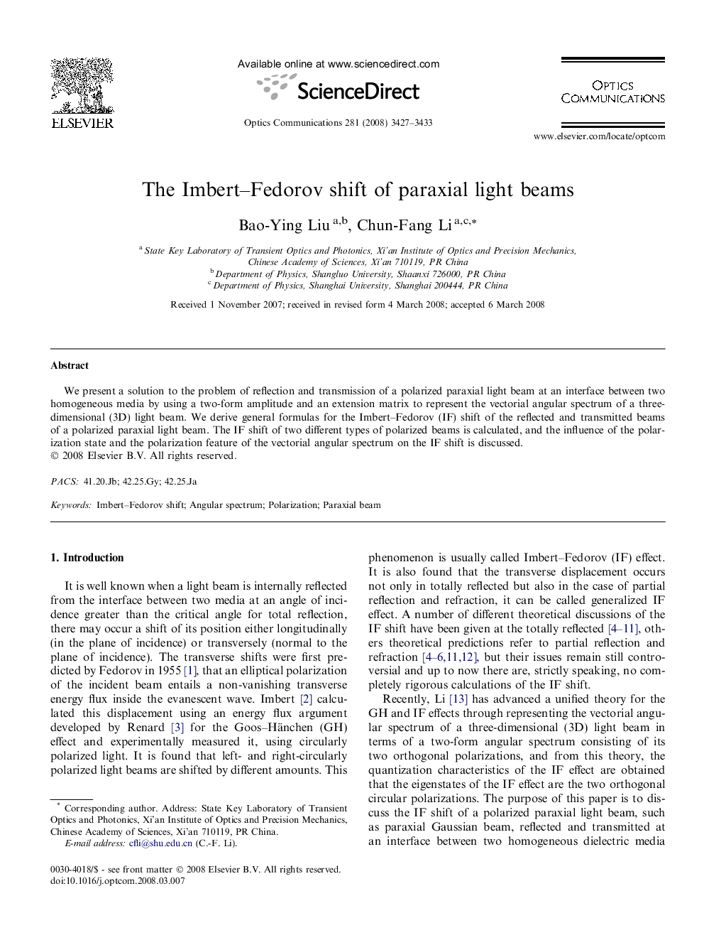 The Imbert-Fedorov shift of paraxial light beams