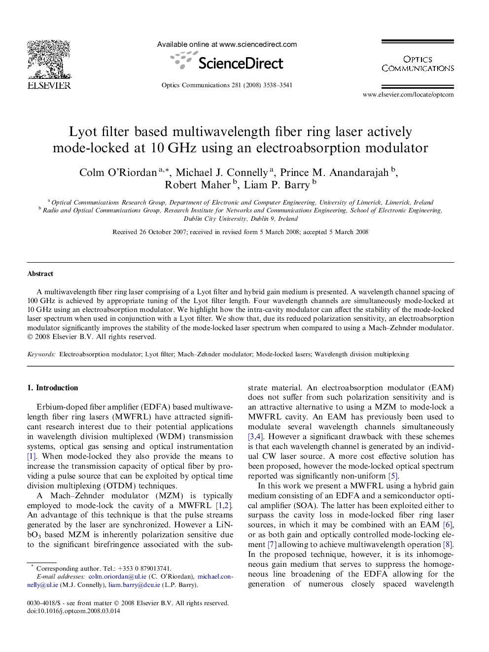 Lyot filter based multiwavelength fiber ring laser actively mode-locked at 10 GHz using an electroabsorption modulator