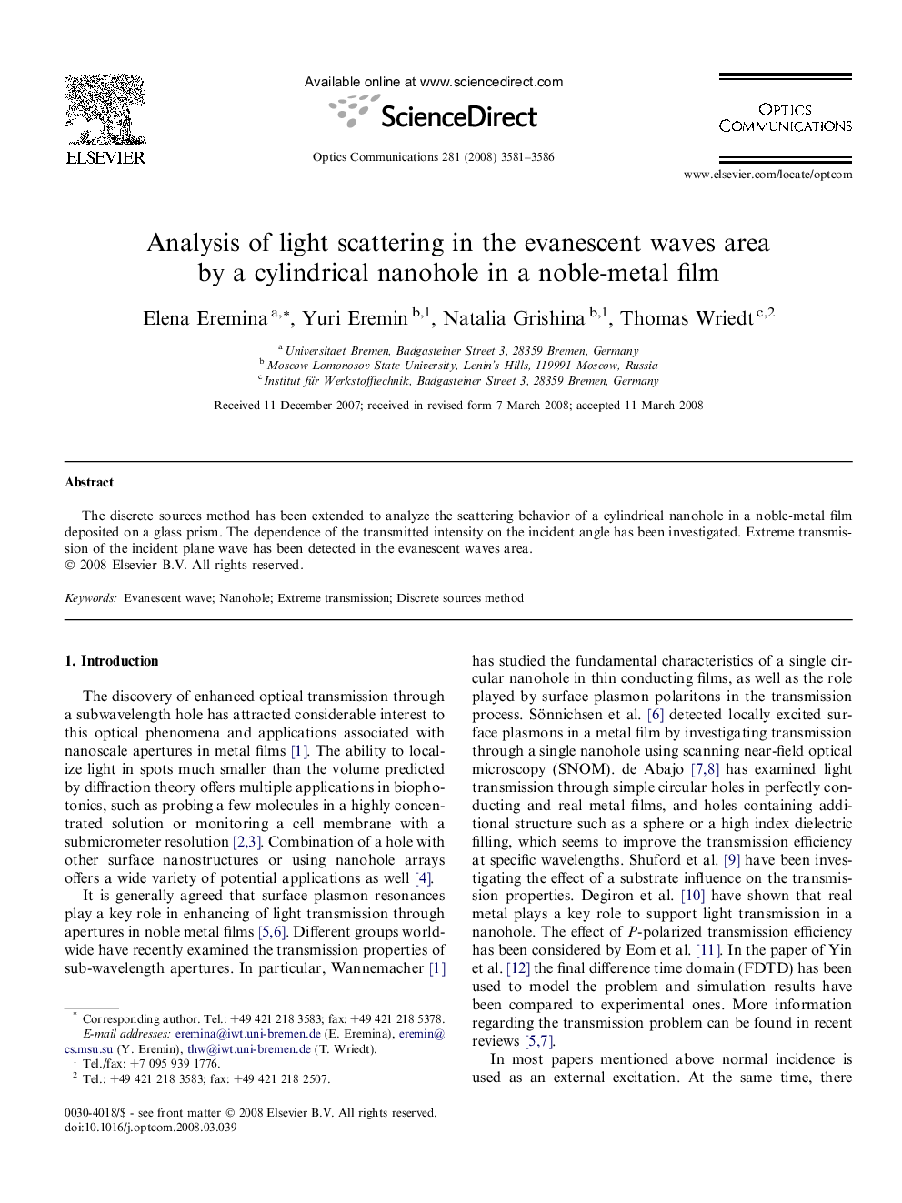 Analysis of light scattering in the evanescent waves area by a cylindrical nanohole in a noble-metal film