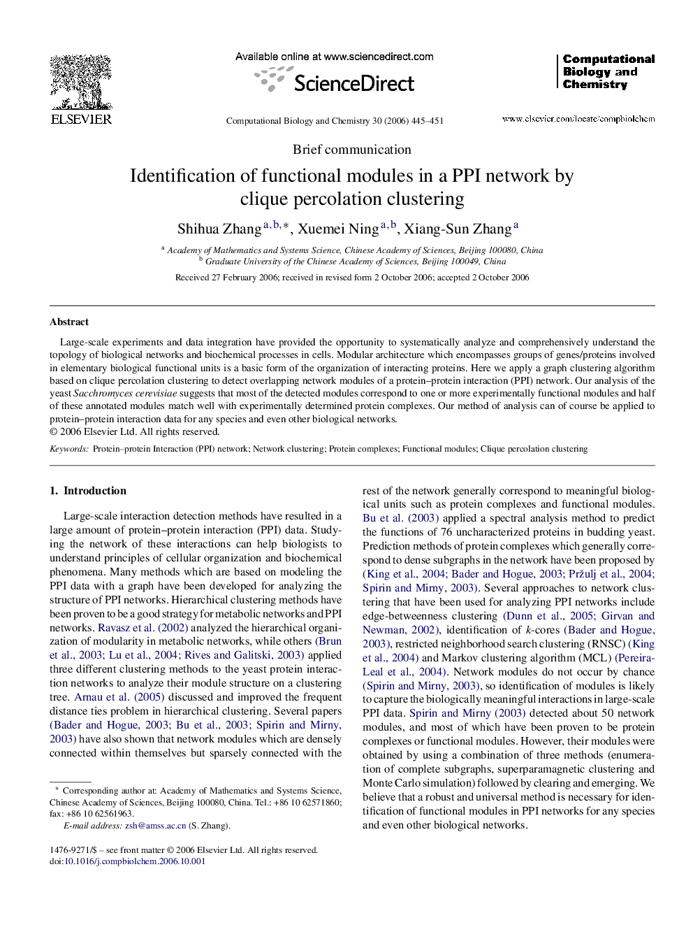 Identification of functional modules in a PPI network by clique percolation clustering