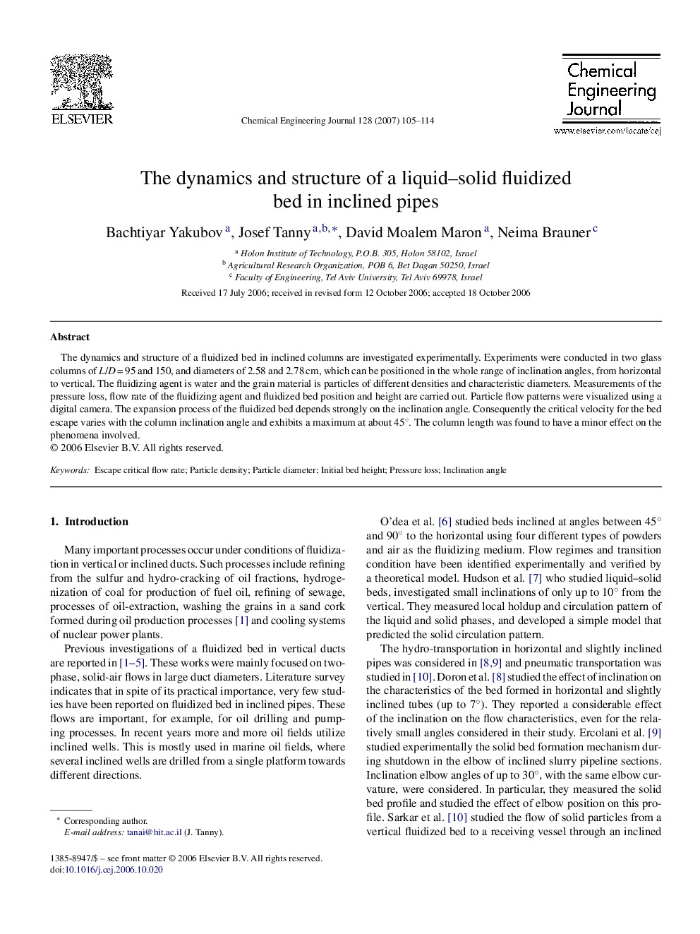 عکس صفحه اول مقاله: The dynamics and structure of a liquid–solid fluidized bed in inclined pipes The dynamics and structure of a liquid–solid fluidized bed in inclined pipes