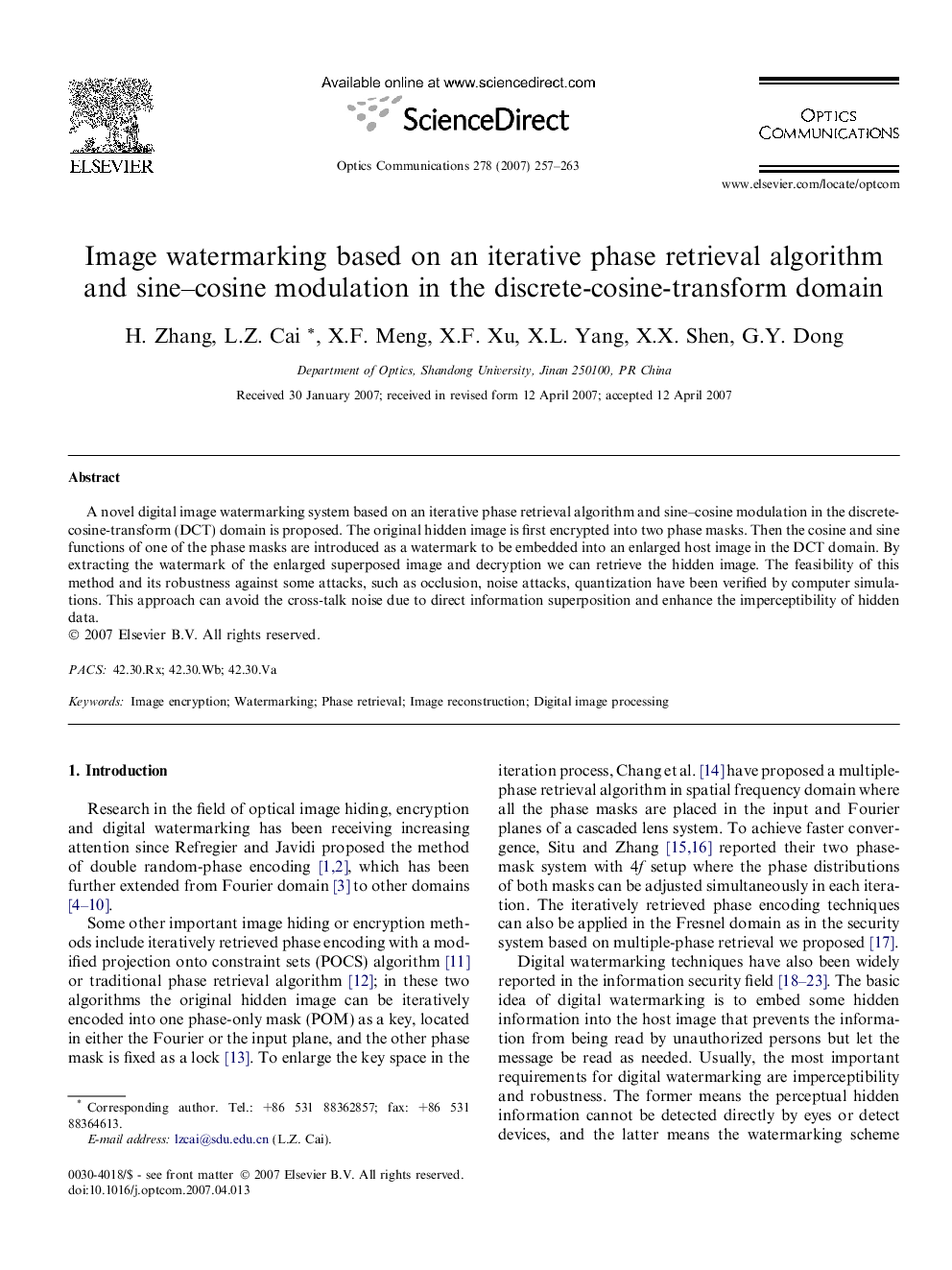 Image watermarking based on an iterative phase retrieval algorithm and sine-cosine modulation in the discrete-cosine-transform domain