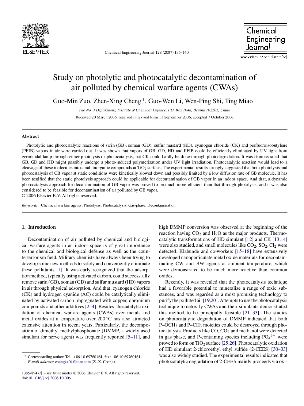 Study on photolytic and photocatalytic decontamination of air polluted by chemical warfare agents (CWAs)