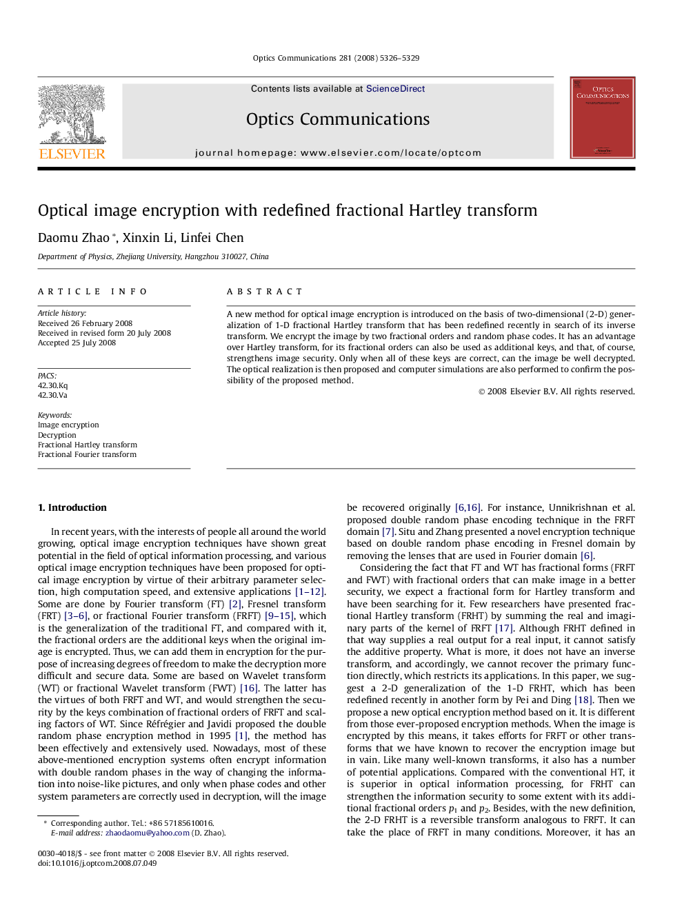 Optical image encryption with redefined fractional Hartley transform