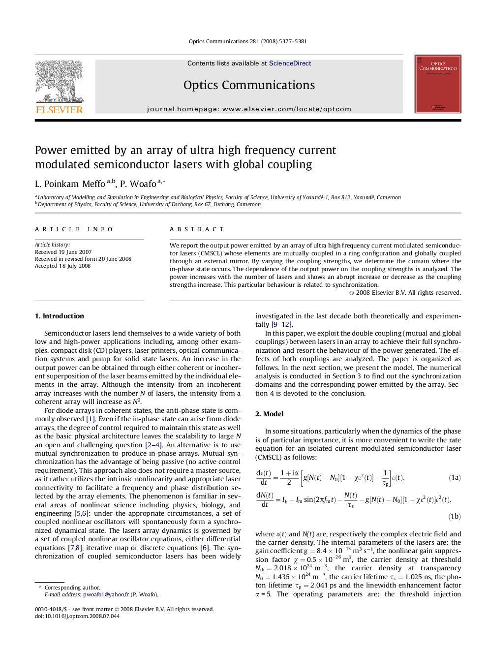 Power emitted by an array of ultra high frequency current modulated semiconductor lasers with global coupling