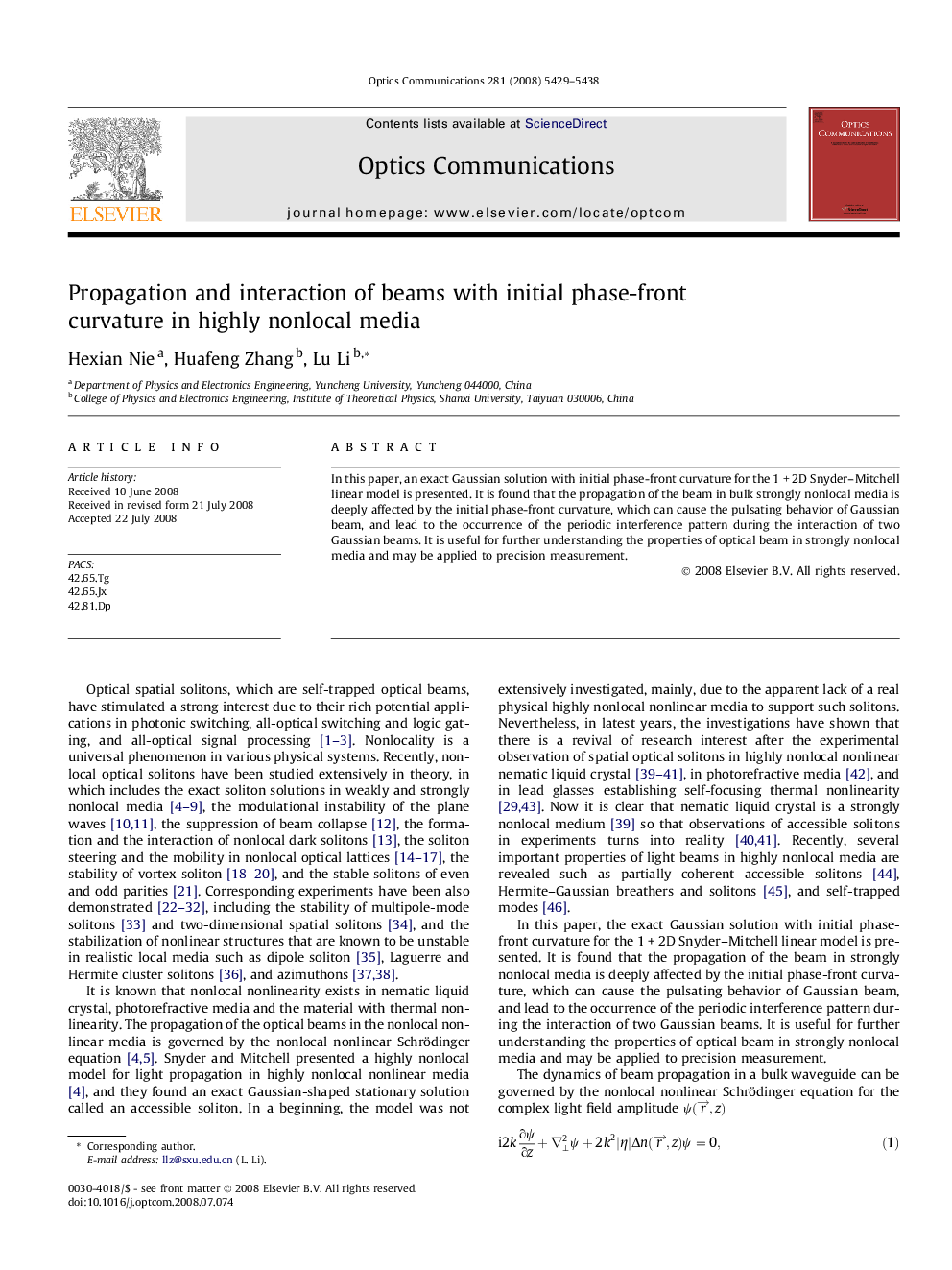 عکس صفحه اول مقاله: Propagation and interaction of beams with initial phase-front curvature in highly nonlocal media Propagation and interaction of beams with initial phase-front curvature in highly nonlocal media