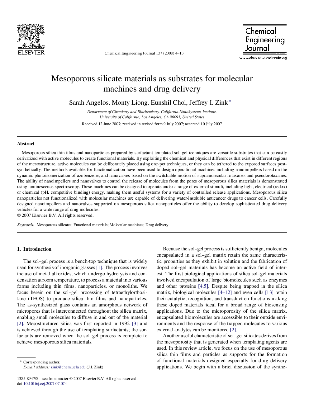 Mesoporous silicate materials as substrates for molecular machines and drug delivery