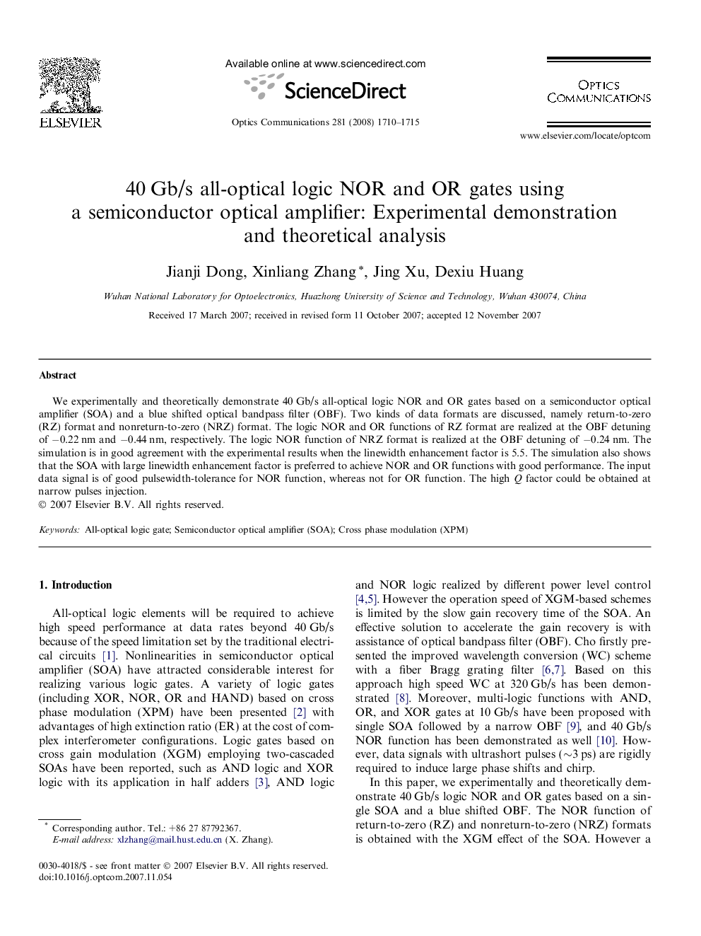 40 Gb/s all-optical logic NOR and OR gates using a semiconductor optical amplifier: Experimental demonstration and theoretical analysis