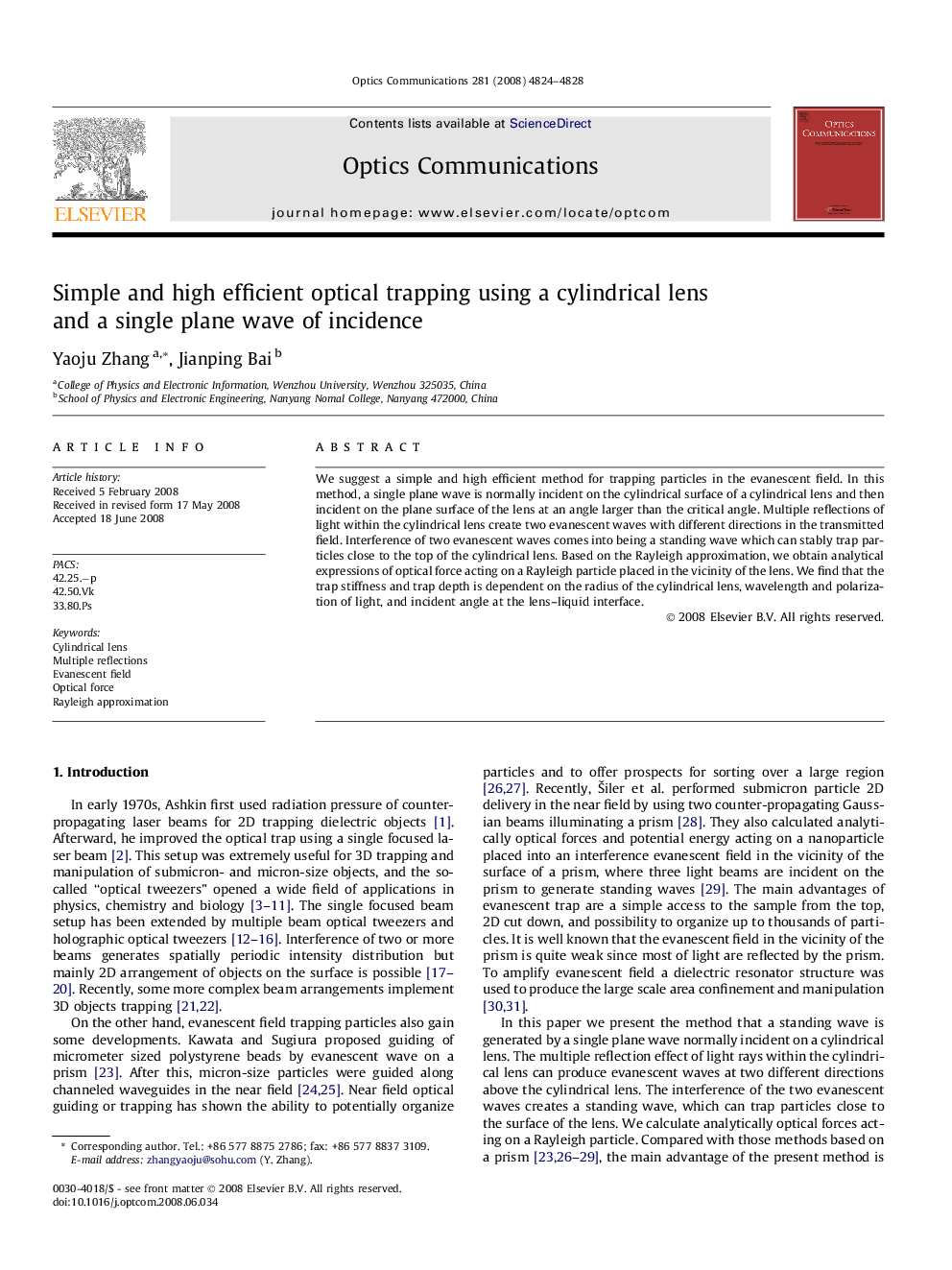 Simple and high efficient optical trapping using a cylindrical lens and a single plane wave of incidence