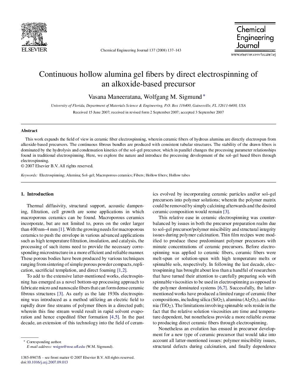 Continuous hollow alumina gel fibers by direct electrospinning of an alkoxide-based precursor