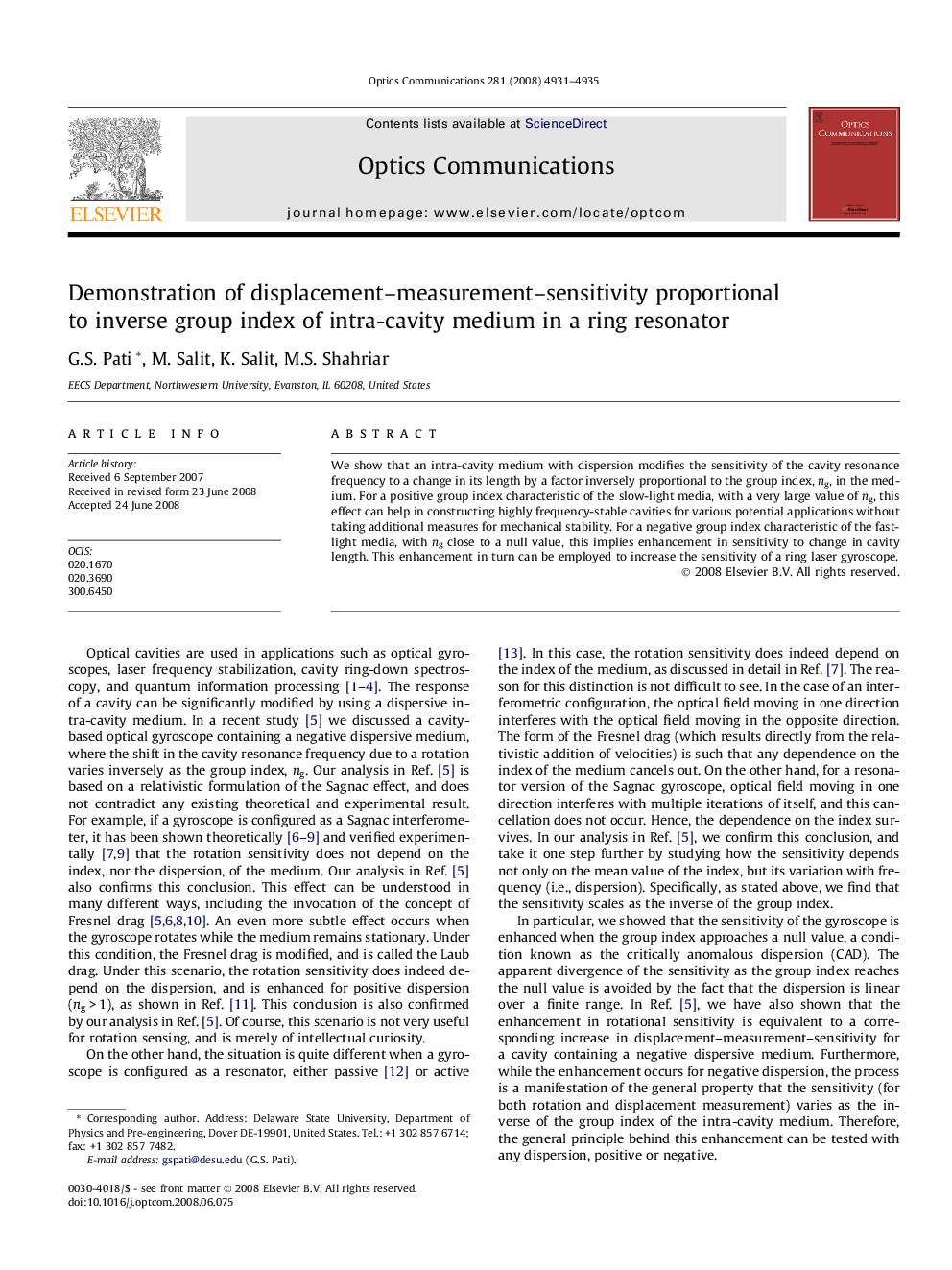 Demonstration of displacement-measurement-sensitivity proportional to inverse group index of intra-cavity medium in a ring resonator