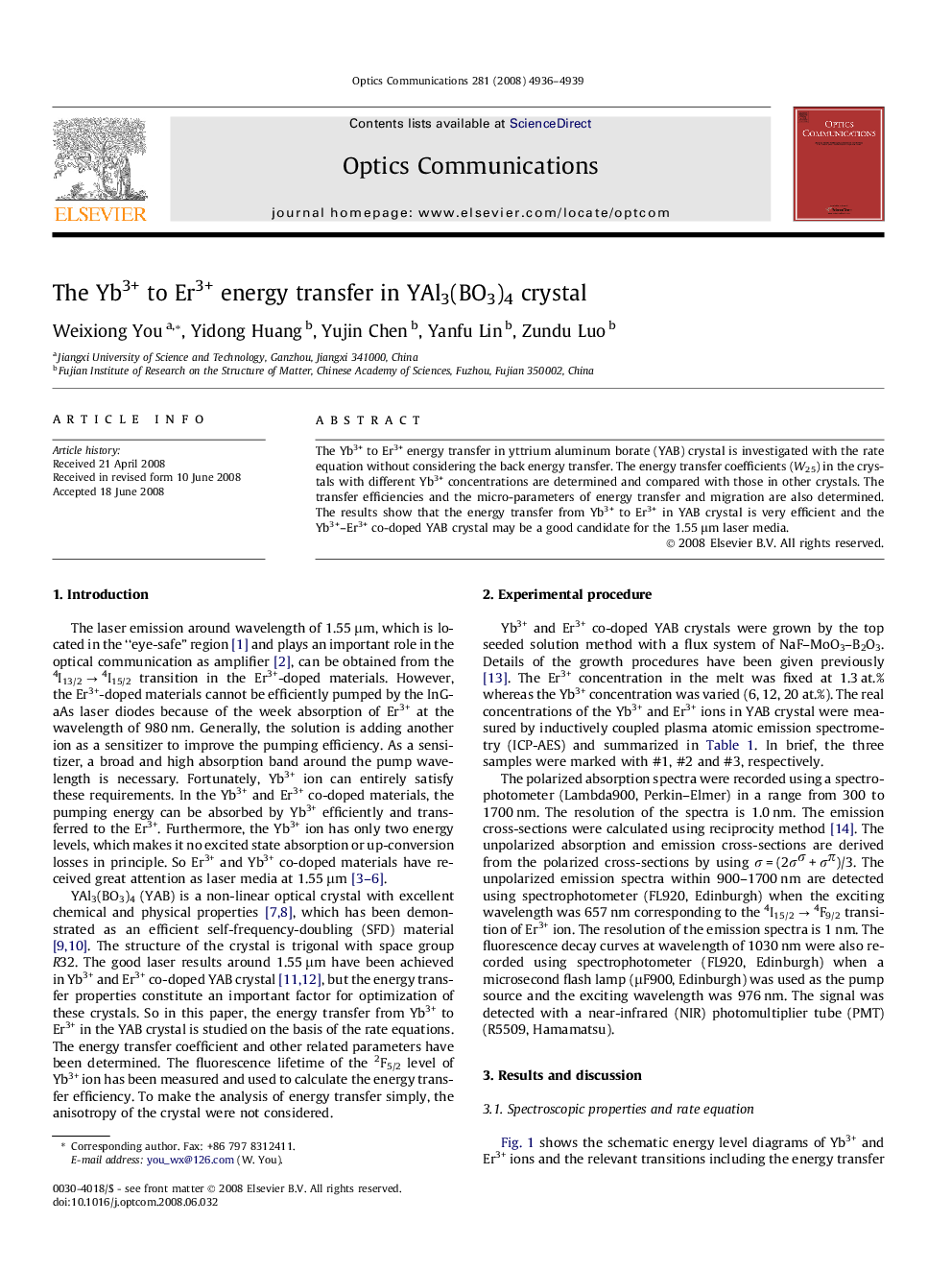 The Yb3+ to Er3+ energy transfer in YAl3(BO3)4 crystal