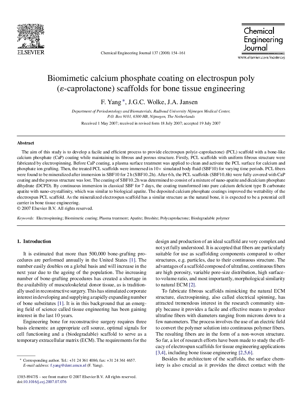 Biomimetic calcium phosphate coating on electrospun poly(ɛ-caprolactone) scaffolds for bone tissue engineering