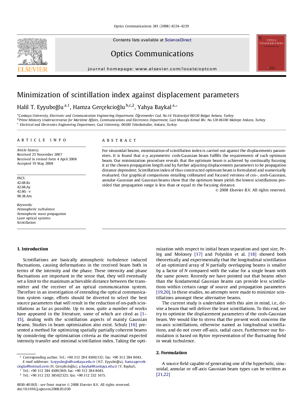 Minimization of scintillation index against displacement parameters