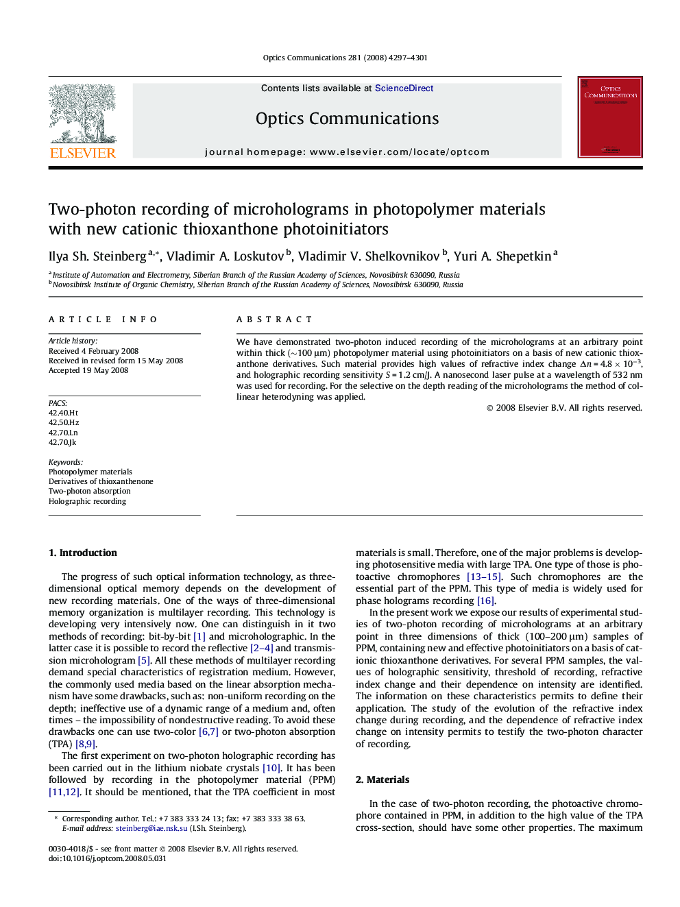 Two-photon recording of microholograms in photopolymer materials with new cationic thioxanthone photoinitiators