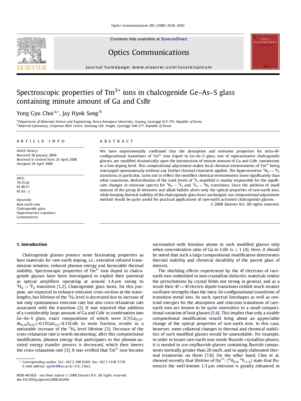 Spectroscopic properties of Tm3+ ions in chalcogenide Ge–As–S glass containing minute amount of Ga and CsBr