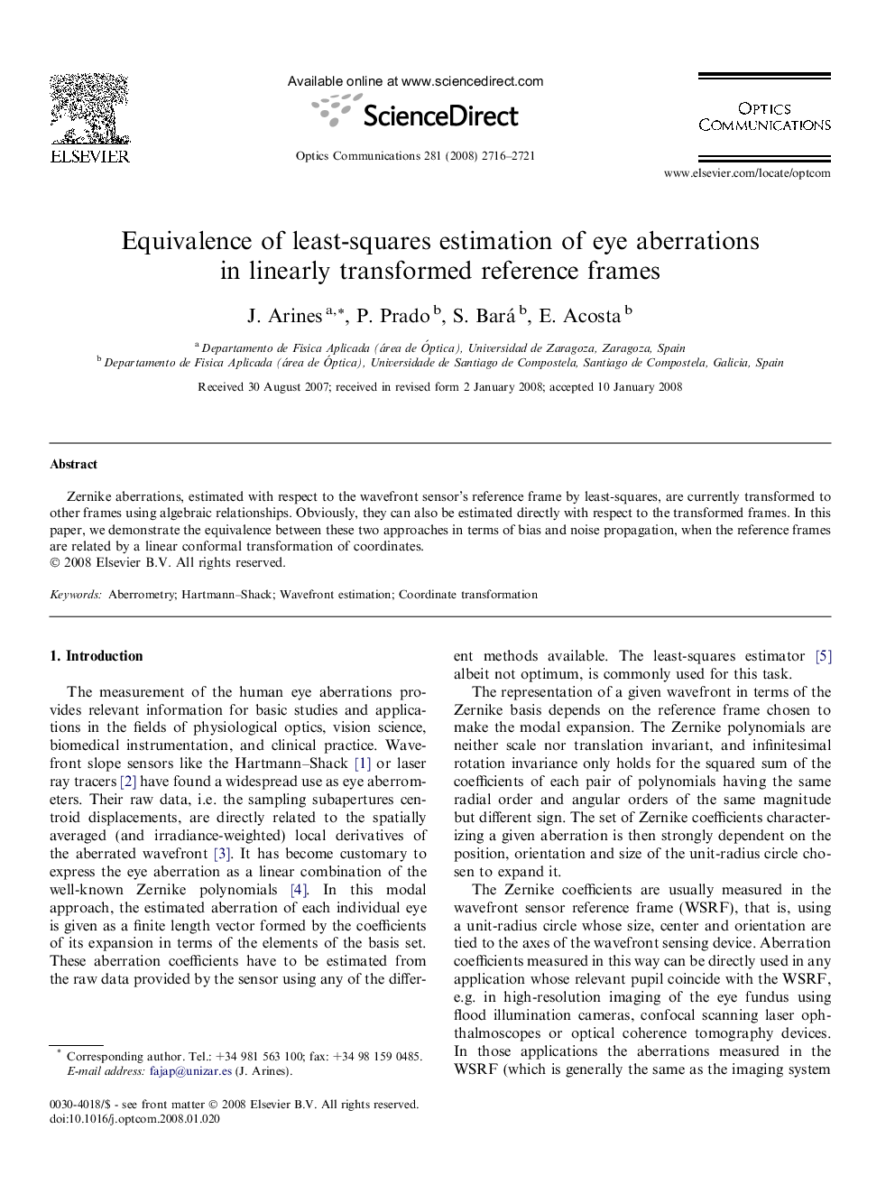 Equivalence of least-squares estimation of eye aberrations in linearly transformed reference frames