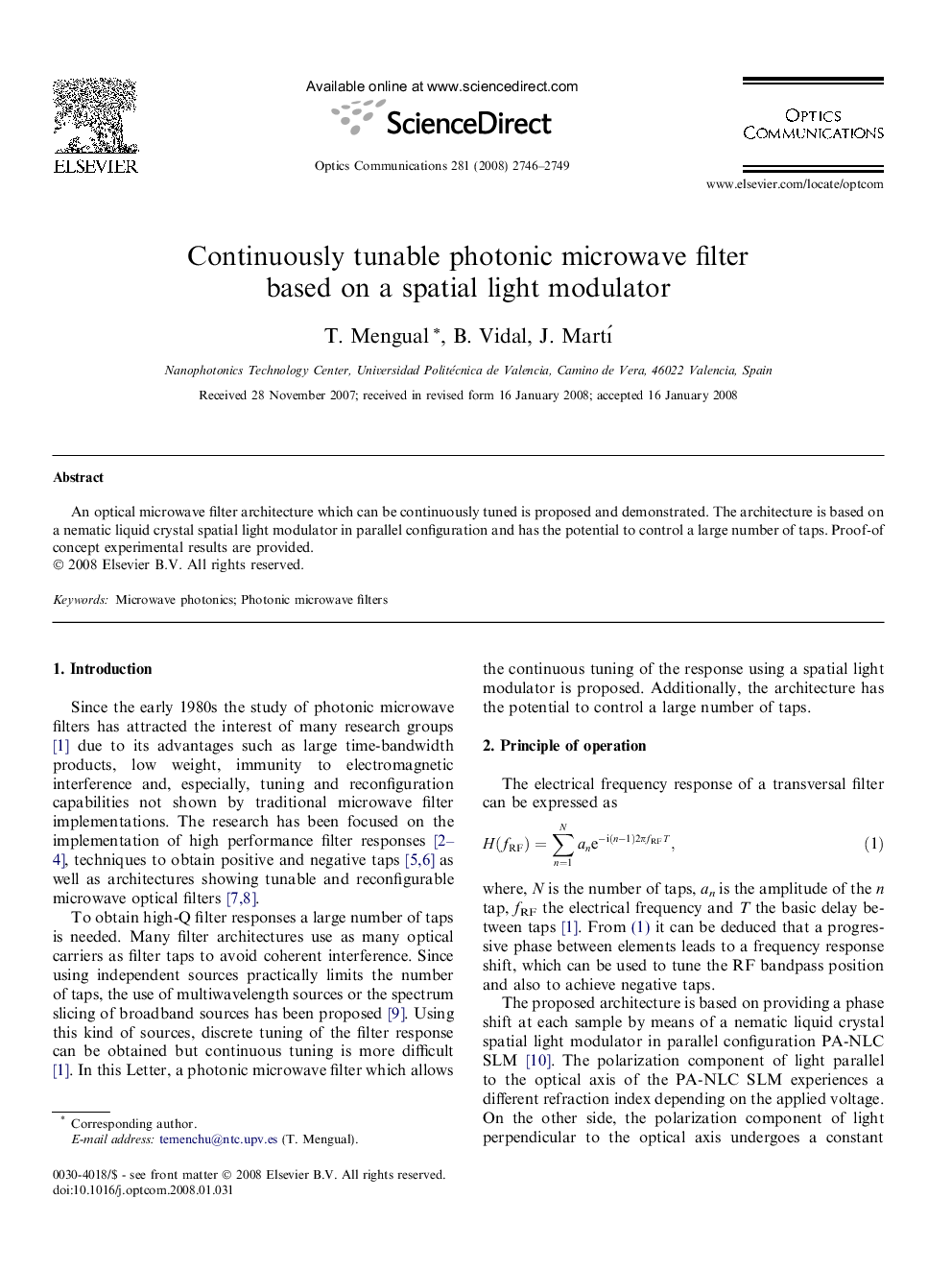 Continuously tunable photonic microwave filter based on a spatial light modulator