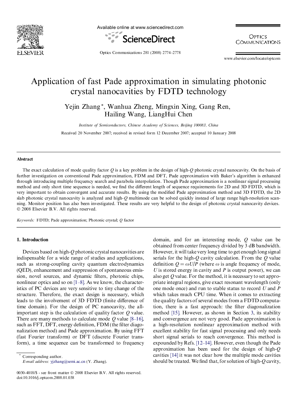 Application of fast Pade approximation in simulating photonic crystal nanocavities by FDTD technology