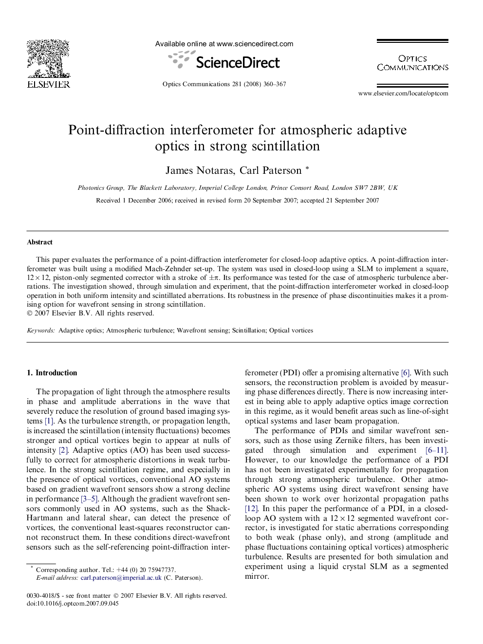 Point-diffraction interferometer for atmospheric adaptive optics in strong scintillation