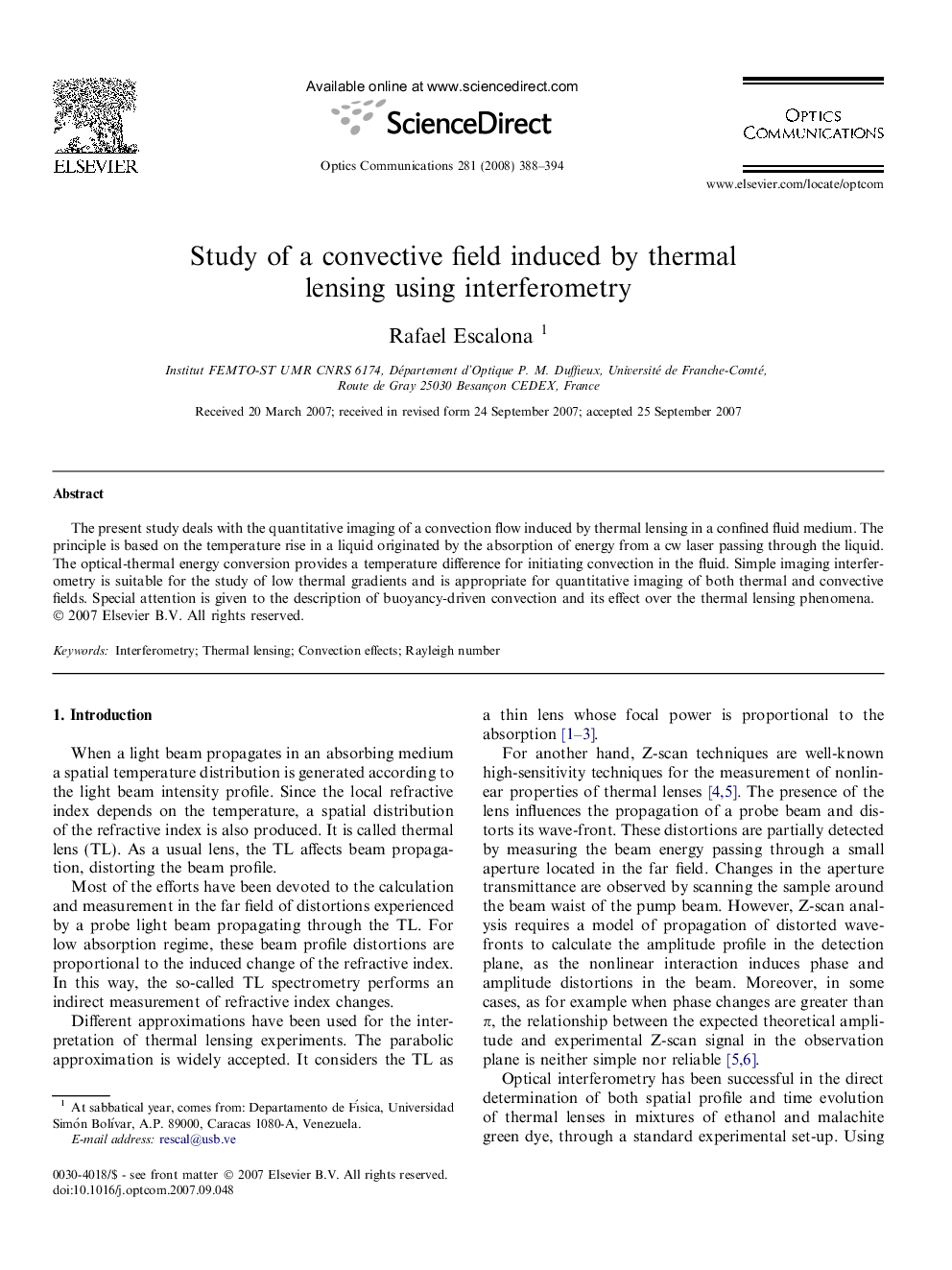 Study of a convective field induced by thermal lensing using interferometry