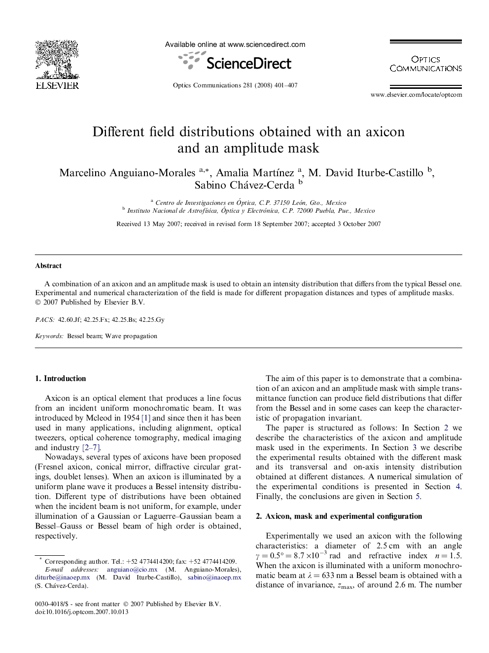 Different field distributions obtained with an axicon and an amplitude mask