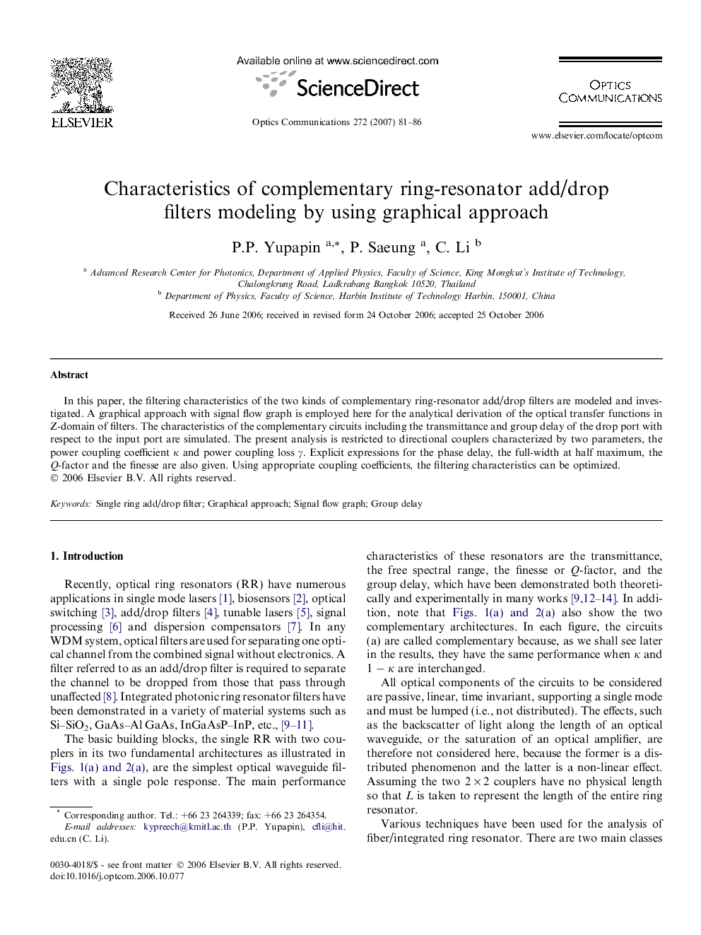 Characteristics of complementary ring-resonator add/drop filters modeling by using graphical approach