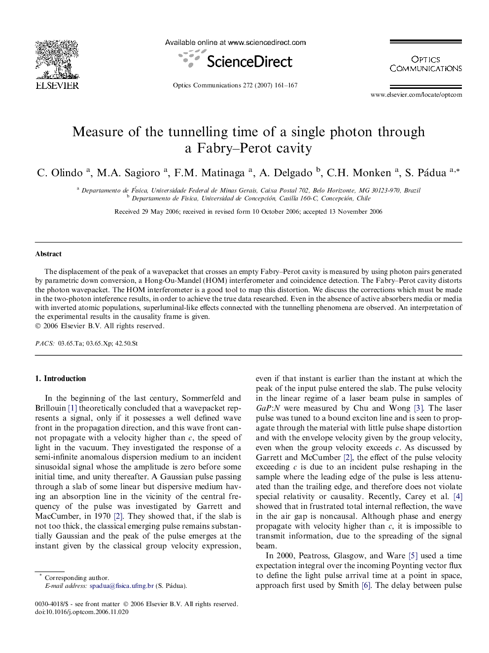 Measure of the tunnelling time of a single photon through a Fabry-Perot cavity